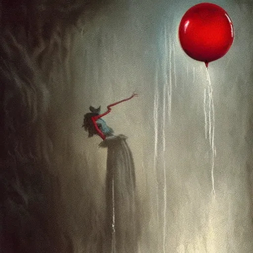 Image similar to grunge painting of a waterfall with a wide smile and a red balloon by Zdzisław Beksiński, loony toons style, pennywise style, corpse bride style, creepy lighting, horror theme, detailed, elegant, intricate, conceptual, volumetric light