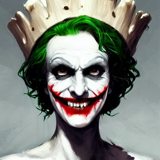 Prompt: joker as an attractive mature smiling woman wearing a mushroom crown and heavy armoured wedding dress, face portrait, hd shot, digital portrait, elegant, beautiful, fantasy art, artstation, comic style, by artgerm, guy denning, jakub rozalski, magali villeneuve and charlie bowater