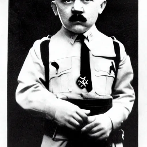 Prompt: adolf hitler as a little child in a school uniform carrying books, mustache, white background, digital art