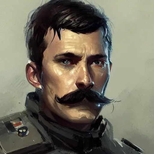 Image similar to portrait of a man by greg rutkowski, british features, short black hair in military style, moustache, tall, star wars expanded, universe, he is about 4 0 years old, wearing imperial captain uniform, artstation hq