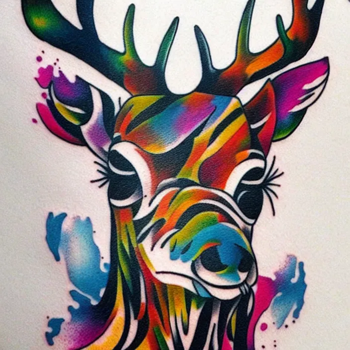 Image similar to full american traditional abstract tattoo art of a deer playing, fine detail, sheet paper