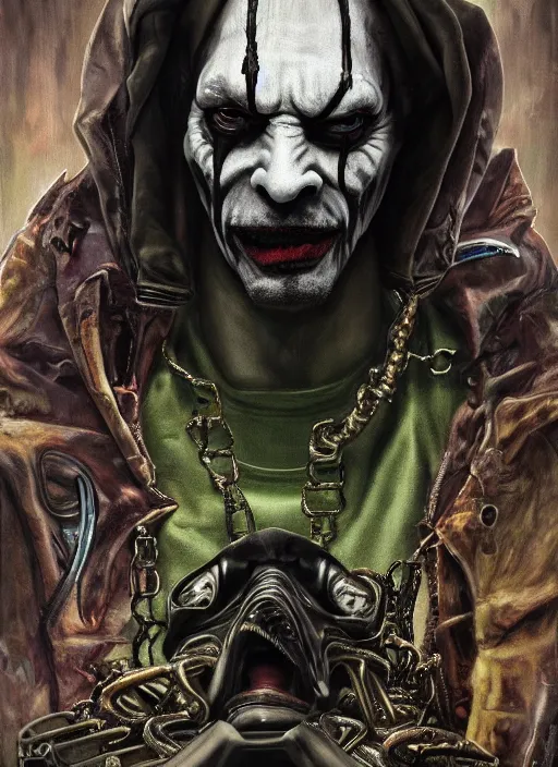 Image similar to giger portrait of snoop dogg as joker, hyper detailed, digital art, trending in artstation, cinematic lighting, studio quality, smooth render, unreal engine 5 rendered, octane rendered, art style by klimt and nixeu and ian sprigger and wlop and krenz cushart.