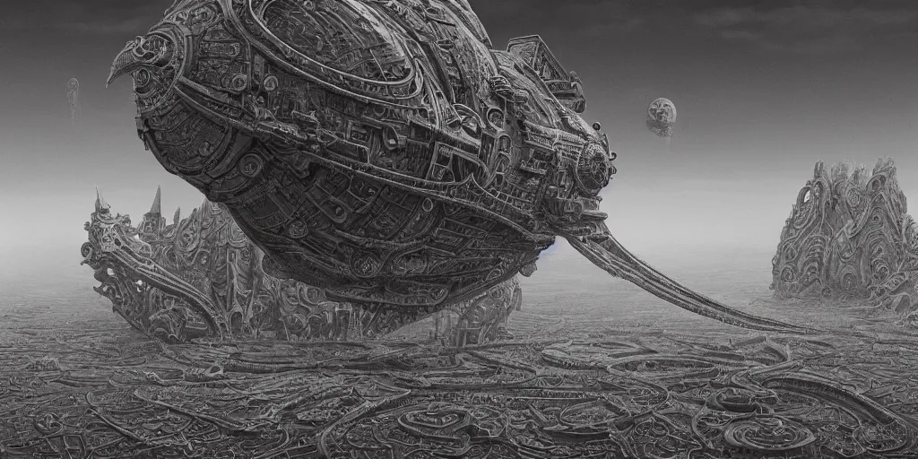 Prompt: a large ominous and geometric very ornate and detailed spaceship, lots of shapes intertwined very large and long floating over a barren dry land with an epic cloud formation on the background by HR GIger, Dariusz Zawadzki, Zdzisław Beksiński, gustave doré, zhuoxin ye, very detailed, octane render, 8k, scary and brooding, scary and dark, canon 24mm lens