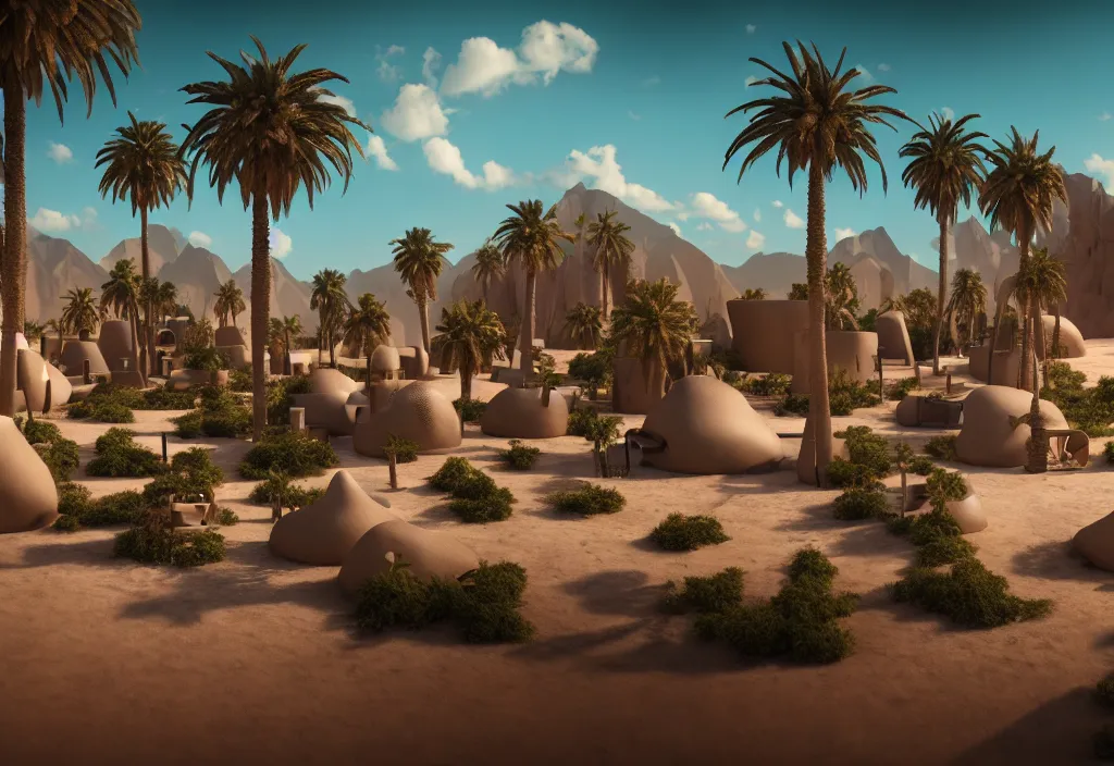 Image similar to futuristic village in a desert, painting, palm trees, octane render, 4 k, rocks, bondfire, anime sky