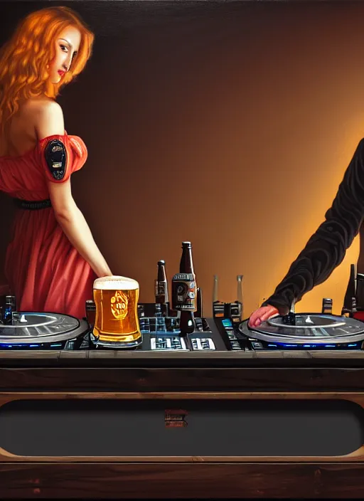 Prompt: image of large pint of beer and large technics dj table front of picture, in the backround man and a woman from octoberfest, dark backround, highly detailed, digital illustration, trending in artstation, modern painting, smooth, sharp focus, intricate, einar jonsson and bouguereau