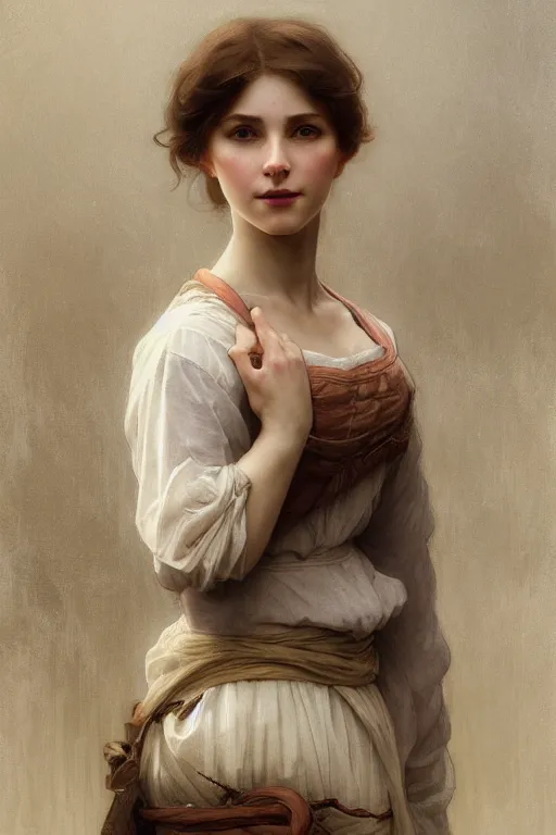 Image similar to Portrait of beautiful pale peasant girl, cinematic lighting, intricate, elegant, highly detailed, digital painting, artstation, smooth, sharp focus, illustration, art by artgerm and greg rutkowski and alphonse mucha and Wayne Barlowe and william-adolphe bouguereau