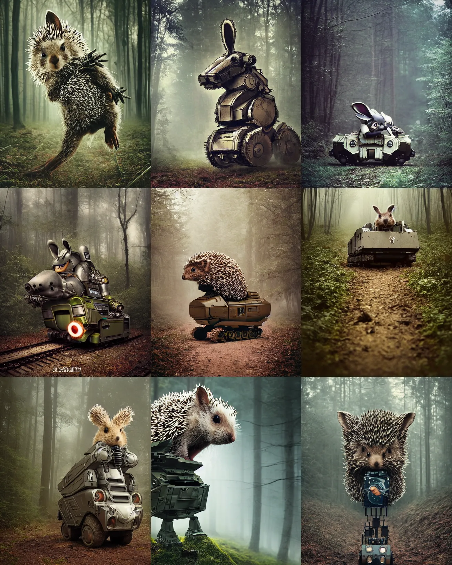 Prompt: hedgehog!!! riding mecha robot war armor battle train as giant rabbit with long ears ,in deep forest hungle , full body , Cinematic focus, Polaroid photo, vintage , neutral dull colors, soft lights, foggy mist , by oleg oprisco , by thomas peschak, by discovery channel, by victor enrich , by gregory crewdson