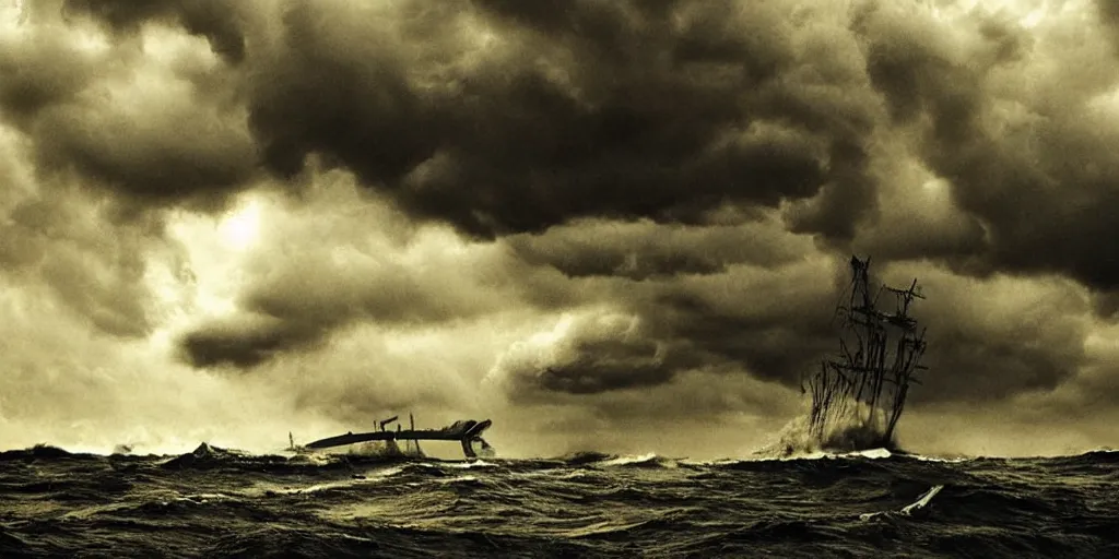 Prompt: kraken!!!!!!!!!!!!!!!! tentacles!!!!!!!!!!! stormy sea!!!!!! steamship boat dramatic clouds photograph photo film