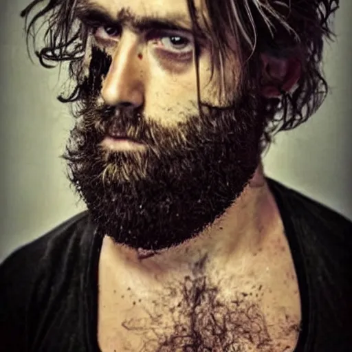 Prompt: A photo of a disheveled man, messy hair, bloodshot eyes, thick beard, messy, shirtless, meth head, crack head