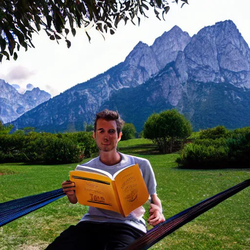 Image similar to my italian wise friend on a hammock, reading the book about love, face iluminated by new knowledge, mountains in a background