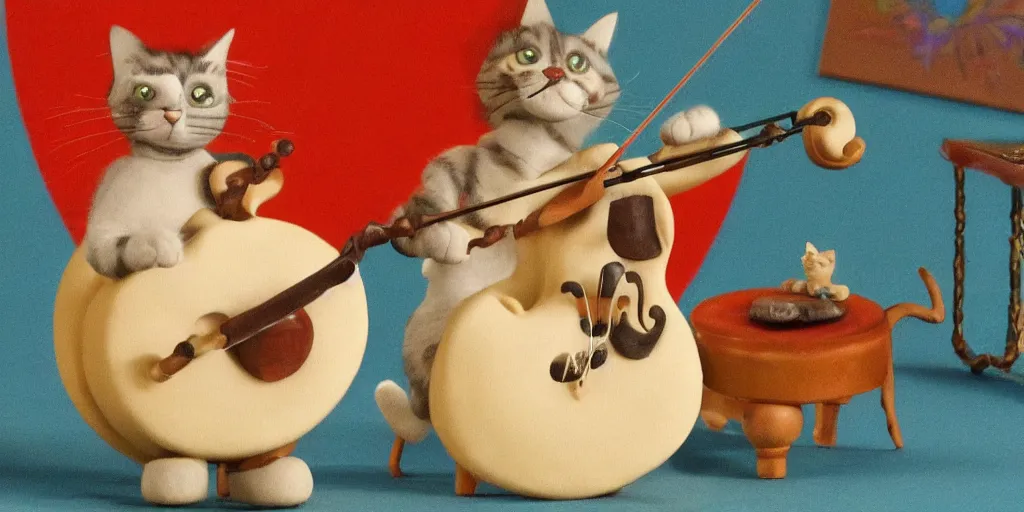 Image similar to a cat playing the fiddle while dancing on its hind legs on top of a round ball of Swiss cheese, in the style of claymation