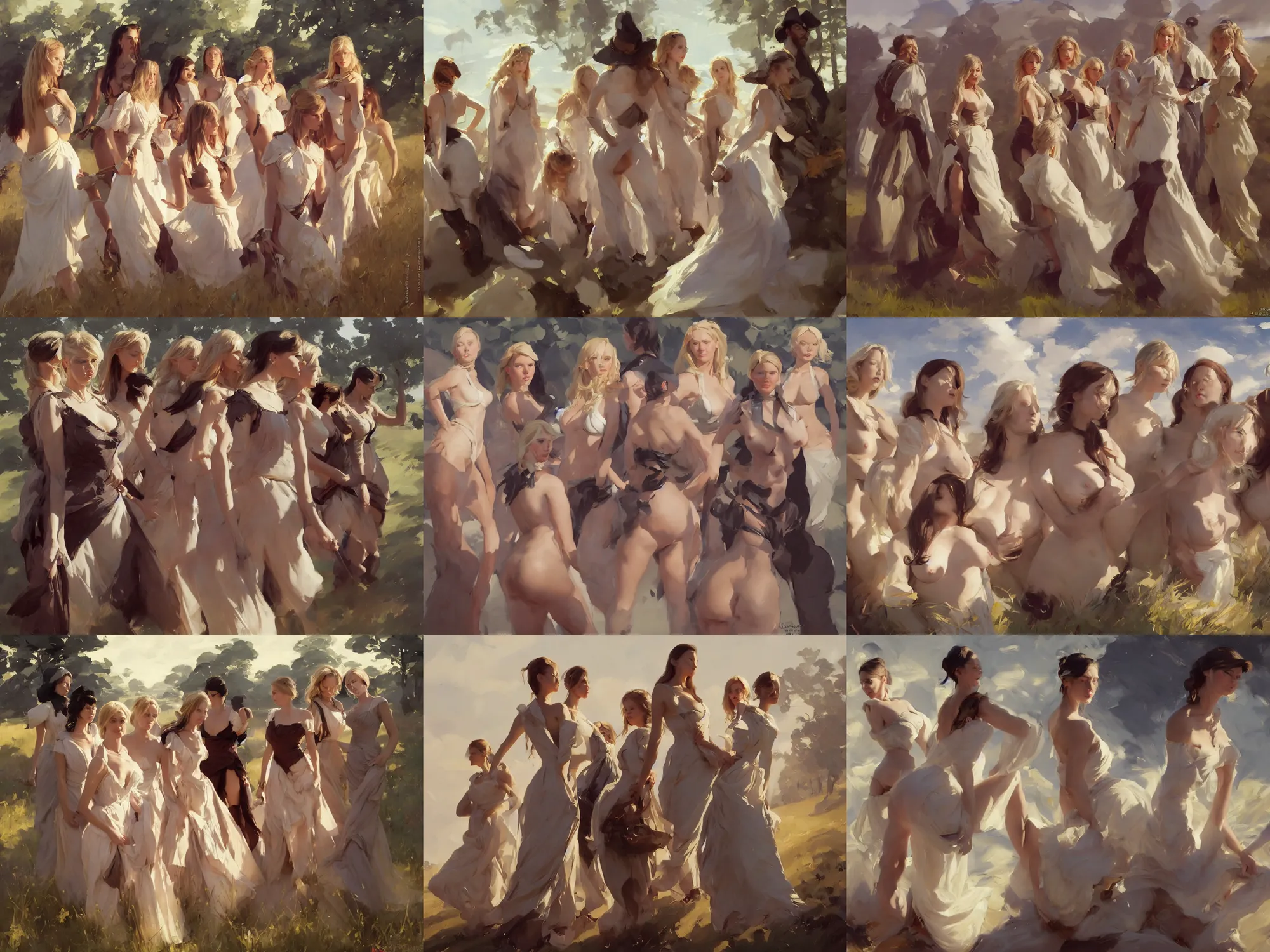 Prompt: five of beautiful finnish norwegian swedish scandinavian attractive glamour models wearing 1 7 th century stays with low neckline walking in the field in a sunny day, jodhpurs greg manchess painting by sargent and leyendecker, studio ghibli fantasy close - up shot asymmetrical intricate elegant matte painting illustration hearthstone, by greg rutkowski by greg tocchini by james gilleard