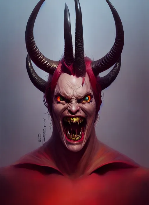 Prompt: a post - minimalism portrait of maniac evil looking devil with very long horns vibrant color scheme, highly detailed, in the style of romanticism, cinematic, artstation, moebius, greg rutkowski