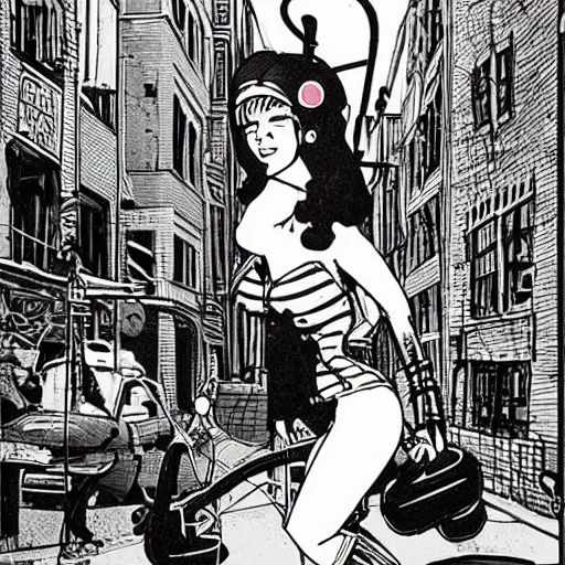 Image similar to punk girl with headphones in densely packed street, surreal, Ralph Bakshi