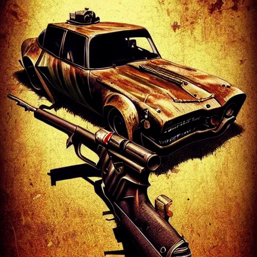 Image similar to madmax gangster vintage car supercharger and guns, artstation, fantasy