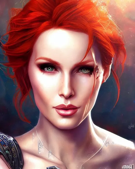 Image similar to a stunning portrait of triss merigold as a cyberpunk princess, digital art by julie bell and artgerm and ross tran and angel ganev, medium shot portrait, highly detailed, trending on artstationhq