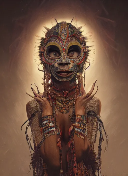 Image similar to a Photorealistic dramatic hyperrealistic render of a beautiful woman wearing a beautiful detailed Aztec Insect shaman mask and costume by WLOP,Artgerm,Greg Rutkowski,Alphonse Mucha, Beautiful dynamic dramatic dark moody lighting,shadows,cinematic atmosphere,Artstation,concept design art,Octane render,8K