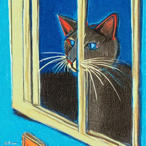 Image similar to The blue cat looking out of the window at night