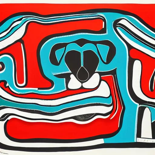 Image similar to tlingit haida lithographic, havanese dog, abstract, simple colors, lithograph print by nathan jackson and tristan - wolf reg davidson clifton guthrie maynard johnny jr.