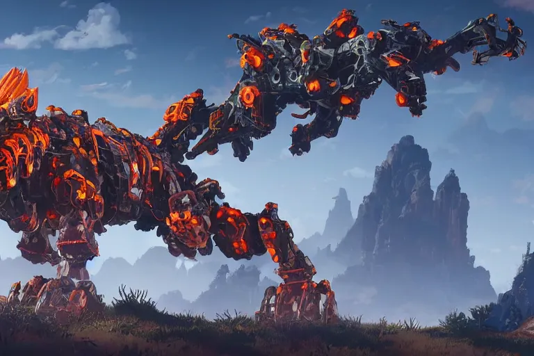 Image similar to fireclaw machine mecha animal beast robot of horizon forbidden west horizon zero dawn bioluminiscence global illumination ray tracing hdr fanart arstation by sung choi and eric pfeiffer and gabriel garza and casper konefal