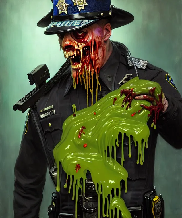 Prompt: painting of a slimy zombie cop dripping with slime and colorful goop by edgar maxence and rhads and leyendecker. los angeles police force, realistic police costume, award - winning digital art on pixiv, trending on artstation, cinematic lighting, dramatic lighting, stunning and beautiful scenery - highly detailed, hyperrealistic, unreal engine 5