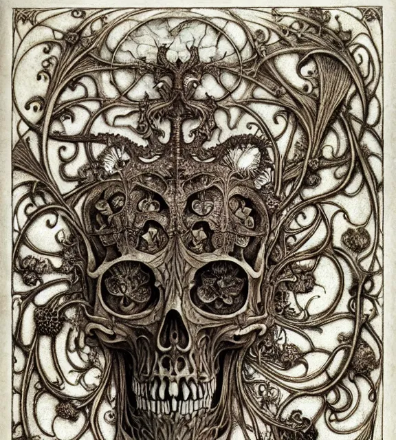 Image similar to memento mori by arthur rackham, art forms of nature by ernst haeckel, exquisitely detailed, art nouveau, gothic, ornately carved beautiful skull dominant, intricately carved antique bone, art nouveau botanicals, ornamental bone carvings, art forms of nature by ernst haeckel, horizontal symmetry, arthur rackham, ernst haeckel, symbolist, visionary