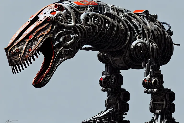 Image similar to trex in a cyborg mech suit, by alexandre ferra, zezhou chen, peter gric, mohamed reda and hr giger, hyper detailed, screen print, character concept art, hyperrealism, coherent, cgsociety, zbrush central, behance hd, hypermaximalist