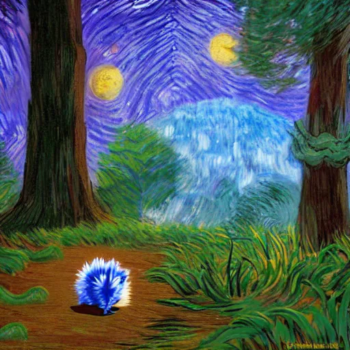 Image similar to sad painting of detailed realistic sonic the hedgehog in the woods at night, in the style of studio ghibli and moebius and claude monet and edward hopper and vincent van gogh