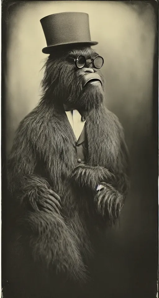 Image similar to a vintage wet plate portrait of a dignified bigfoot with a top hat and cane, extremely detailed, by yousuf karsh!!!!!!!!!!!!!!!!!!