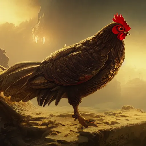 Prompt: chicken, highly detailed, illustration, fantasy art, in the style of greg rutkowski, epic, fantasy, intricate, hyper detailed, artstation, concept art, smooth, sharp focus, ray tracing