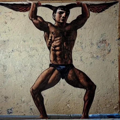 Prompt: an old fresco of aziz sergeyegich shavershian aka zyzz with wings