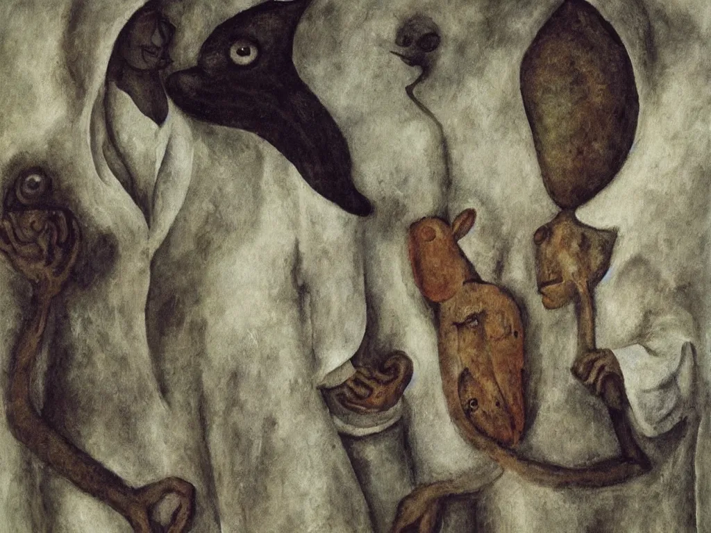 Image similar to close up portrait of man in white beekeeper suit with a surreal impossible creature from codex. painting by leonora carrington