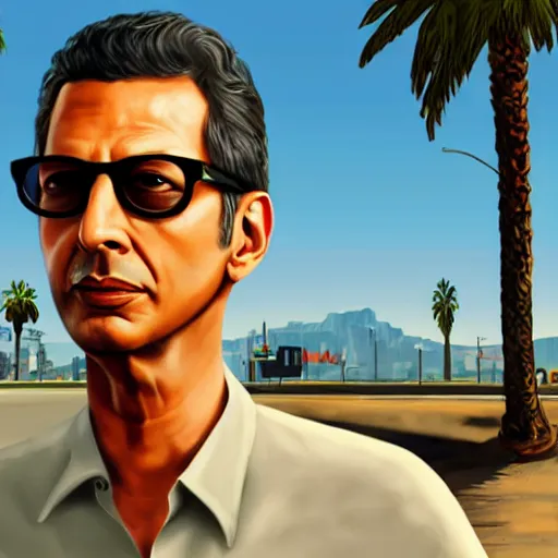 Image similar to Jeff Goldblum in GTA v. Los Santos in the background, palm trees. In the art style of Stephen Bliss