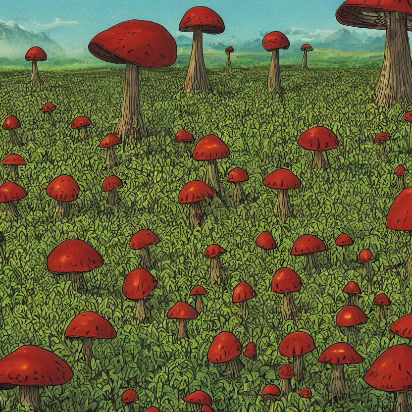 Image similar to a mushroom field with eyes, illustrated for a science fiction novel. by don ivan punchatz