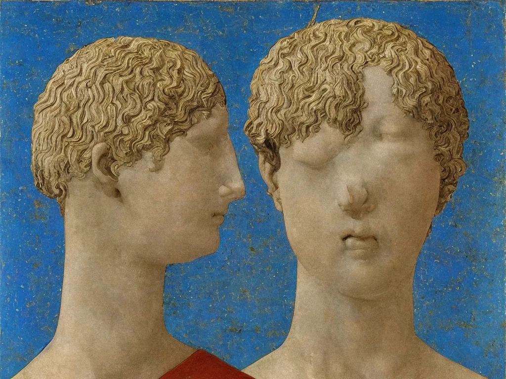 Image similar to marble greek sculpture head of a tree god with inlaid crystal eye. lapis - lazuli, turquoise, malachite, cinnabar, earth brown. painting by piero della francesca, balthus, agnes pelton