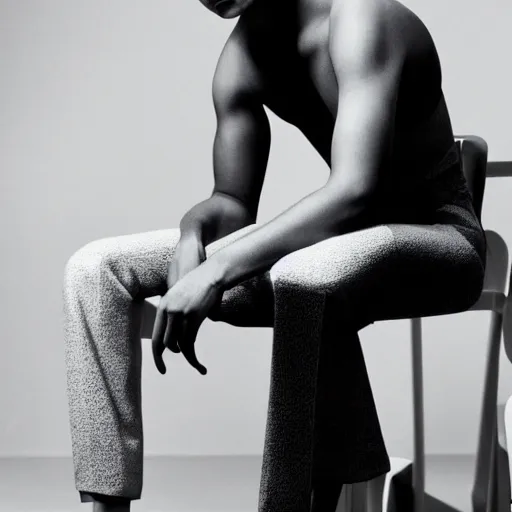 Image similar to close up of face of fashion model sitting on chair, official jil sander editorial