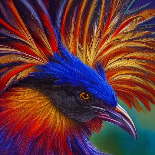 Prompt: a super majestic, beautiful strange true to life hyperrealistic oil painting depicting a good mood on a bad day. 1 6 k resolution. vivid light and colors. fantastically special beautifully elegant crow with a mix of unbelievably iridescent feathers doing its taxes, so much work!, highly detailed image shown a variety of different styles of a mentally ill chicken.