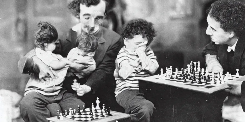 Image similar to a very smart baby playing chess with professor Albert Einstein