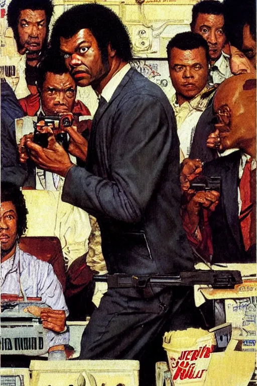 Image similar to Jules Winnfield from Pulp Fiction painted by Norman Rockwell