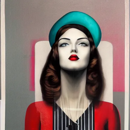 Prompt: a painting of a woman with a hat on her head, an art deco painting by nick gentry, featured on behance, precisionism, art deco, detailed painting, airbrush art