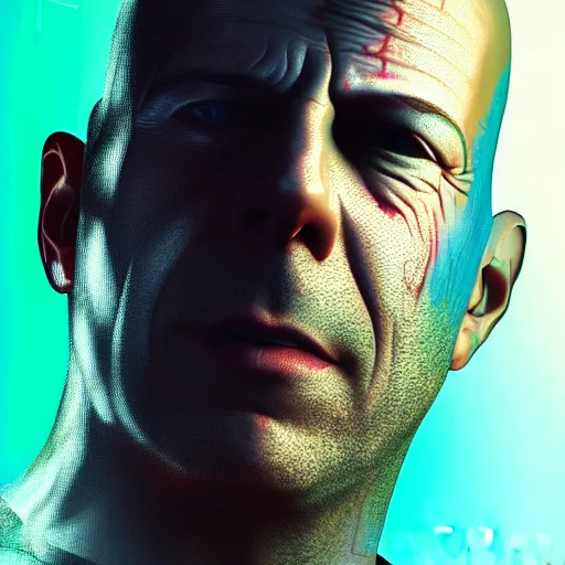 Image similar to bruce willis portrait, cyberpunk 2 0 7 7, cyberpsycho, photorealistic, ultra detailed, neon, octane, bokeh, cyber, cyberpunk city, feature, scars, cyberface, 8 k