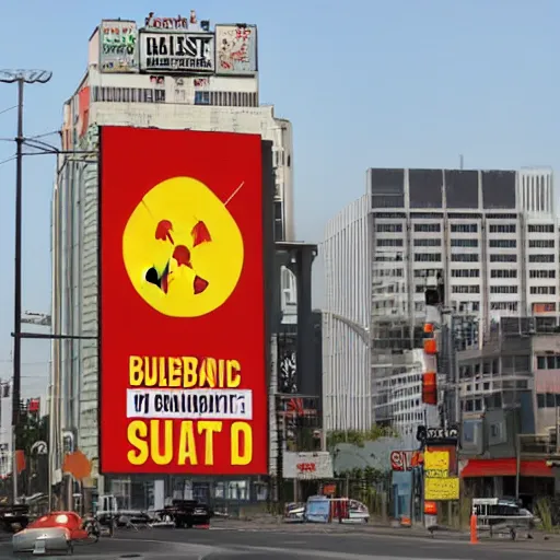 Prompt: billboard warning of nuclear fallout