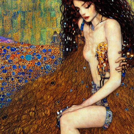 Image similar to seductive goddess in desert, intricate detail, klimt, royo, whealan,