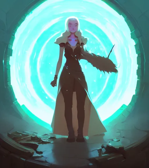 Prompt: a full body portrait of a female mage, d & d, fantasy, standing near a portal by atey ghailan, by greg rutkowski, by greg tocchini, by james gilleard, by joe fenton, by kaethe butcher, dynamic lighting, gradient light blue, brown, blonde cream and white color scheme, grunge aesthetic