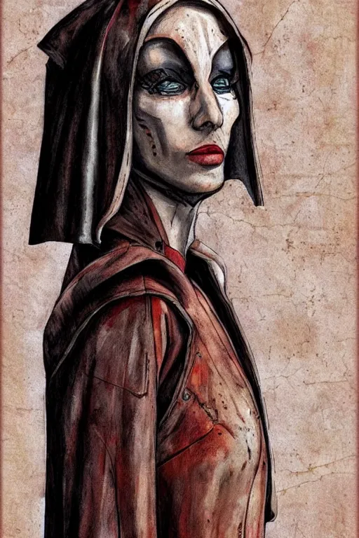 Image similar to portrait fashion model cyborg nun artwork by enki bilal