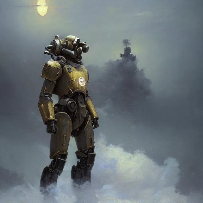 Prompt: a beautiful oil painting of a t - 4 5 power armor, fallout 4 by ivan aivazovsky and greg rutkowski and james gurney and frank lloyd and sung choi and monet, in style of impressionnisme. hyper detailed, sharp focus, soft light. unreal engine 5 lumen. ray tracing. trending on artstation. oil on canvas