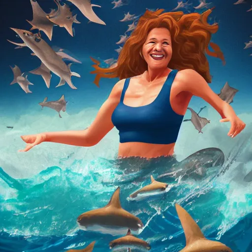 Prompt: digital art, trending on artstation, an athletic woman in her fifties with curly brown hair, swimming smiling in the middle of a rough sea surrounded by sharks, above her, in the night sky there is a star.