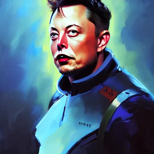 Image similar to greg manchess portrait painting of elon musk with jet engine as overwatch character, medium shot, asymmetrical, profile picture, organic painting, rainy day, matte painting, bold shapes, hard edges, street art, trending on artstation, by huang guangjian and gil elvgren and sachin teng