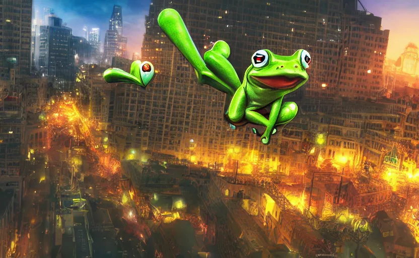Prompt: kawaii frog destroying city, highly detailed, extremely high quality, hd, 4 k, 8 k, professional photographer, 4 0 mp, lifelike, top - rated, award winning, cinematic, realistic, detailed lighting, detailed shadows, sharp, no blur, edited, corrected, trending