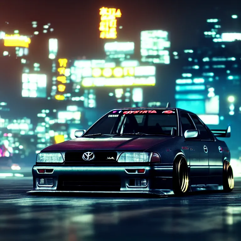 Image similar to toyota jzx 1 0 0 drift, detailed - wheels, shibuya prefecture, cyberpunk female supermodel in front, cinematic lighting, photorealistic, night photography, octane render